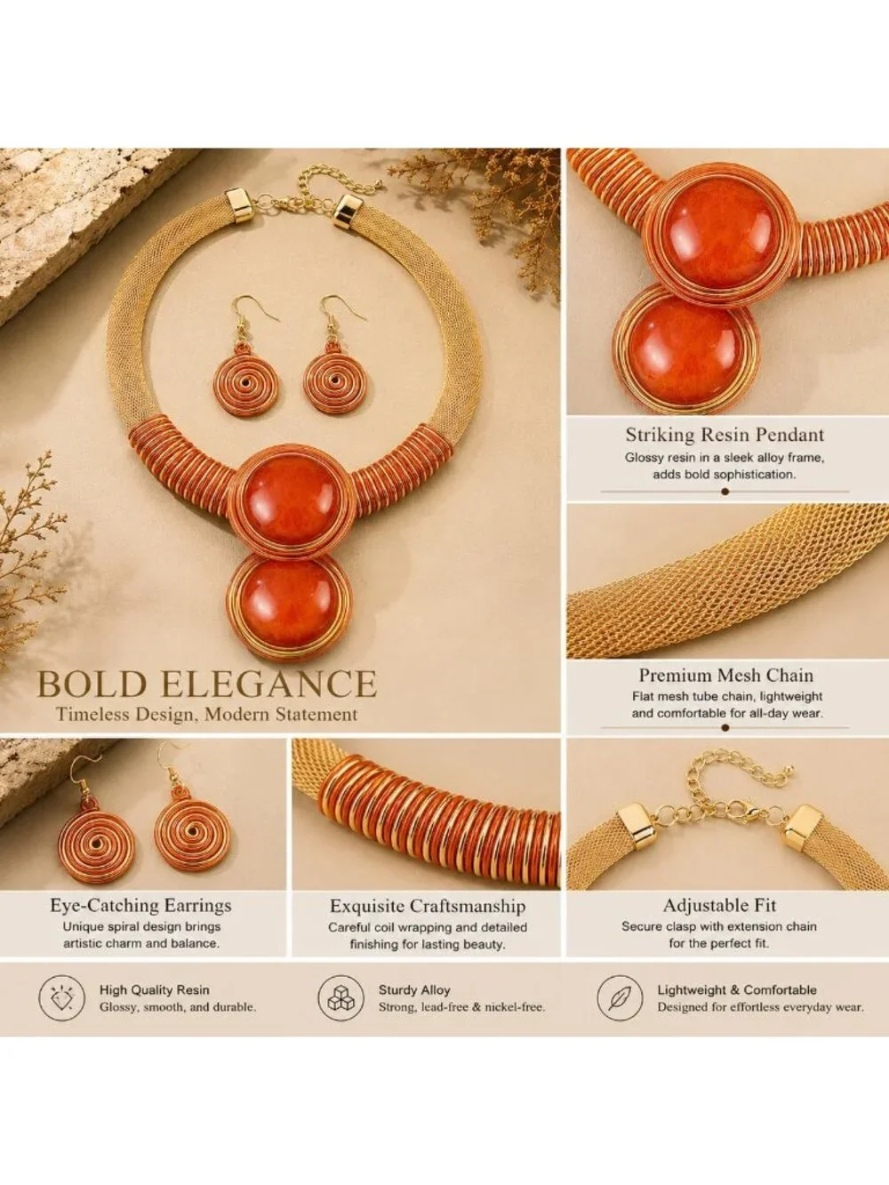 Chunky Gold Mesh Bib Necklace Set with Round Pendant & Spiral Earrings - African